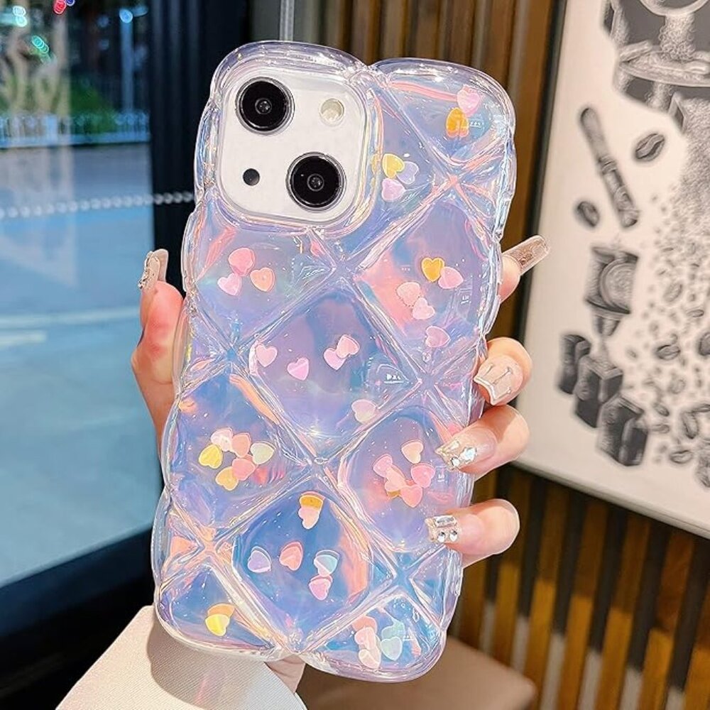Iphone 16 15 14 Sweetheart Sparkle 3D Heart Wave Case Glitter Gradient Cover